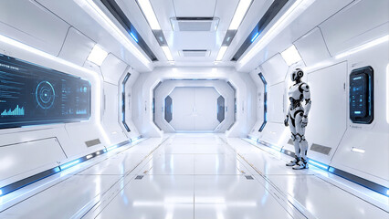 Obraz premium Advanced Humanoid Robot Standing in Futuristic Laboratory Corridor