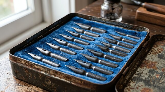 Vintage Metal Case Filled with Assorted Blue Safety Razors for Grooming.