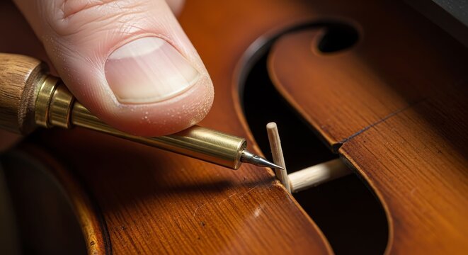 Close-up of a person tuning a violin with a tuning peg and fine tuner.