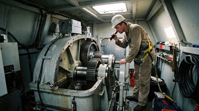 Maintenance specialist with flashlight performing machinery reliability check in turbine hub