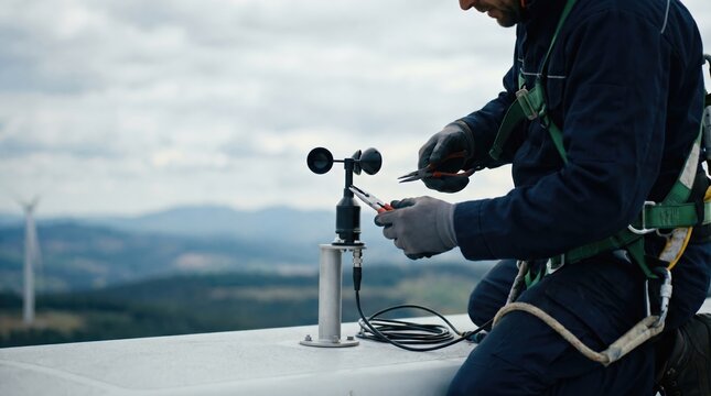 Wind turbine technician repairing anemometer on nacelle during weather station check