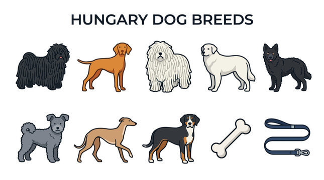 Collection of Hungarian Dog Breeds Illustrated.