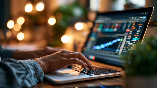 A close up of  hands taps softly a bright laptop showing a glowing softly defocused regression analysis model in calm daylight regression analysis faceless detail
