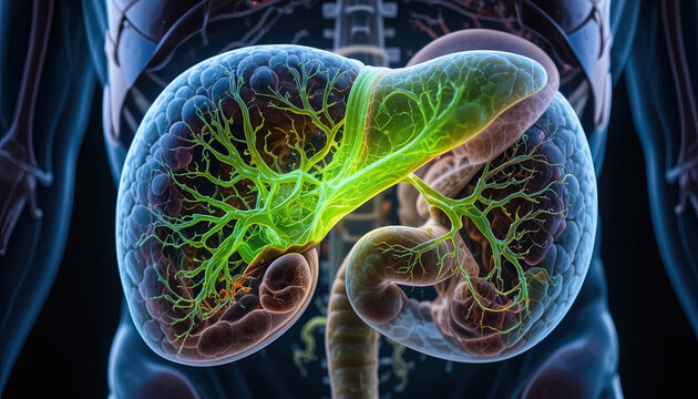 Human liver anatomy is displayed with highlighted blood vessels and internal structure.