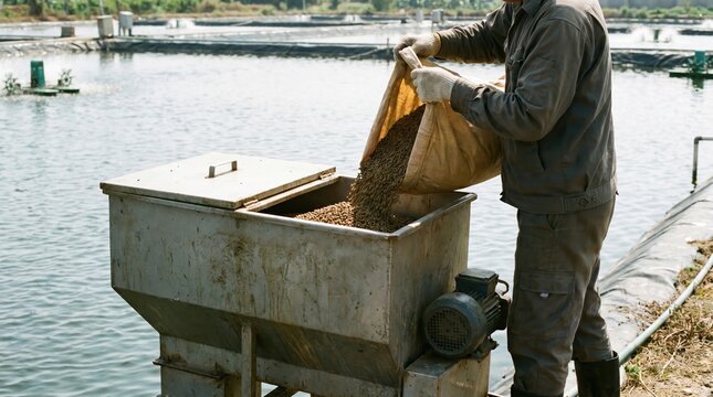 Worker Pouring Feed Pellets into Automatic Fish Feeder, Commercial Pisciculture Nutrition