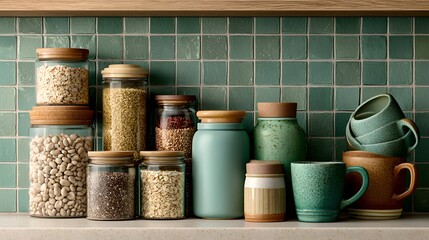 Fototapeta premium Assorted jars and mugs arranged on a kitchen counter in front of teal tile backsplash, showcasing a rustic and organized aesthetic style.