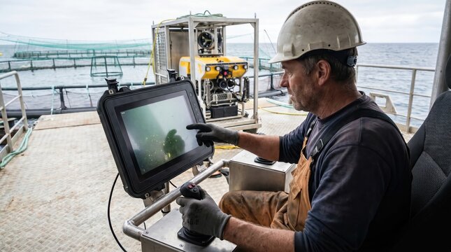 ROV pilot monitoring underwater aquaculture farm; maritime drone operator in command center.