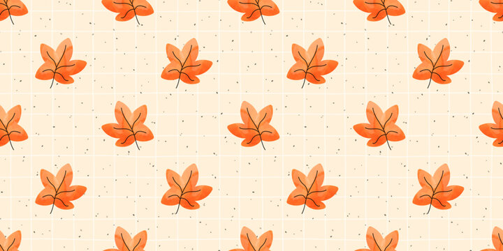 Watercolor leaf maple pattern for thanksgiving with linear seamless leaves in autumn fall orange. This organic texture transition from oak to vegetable and geometric drawing features plaid acorn.