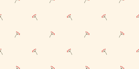 Vector cover seamless pattern with rowan branch and berry motifs. Christmas card background festive winter design in red. Green tones for newyear greeting or healthy seasonal. © alia.kurianova
