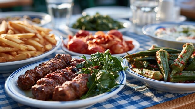 Delicious Mediterranean mezze spread with grilled kofta, fries, and okra