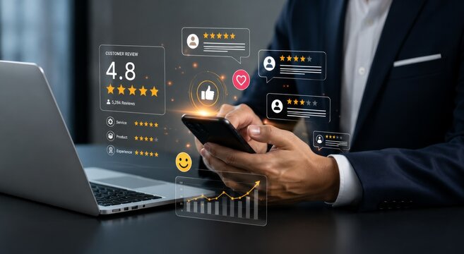 Man Reviewing Customer Satisfaction Scores with AI Feedback Sentiment Analysis