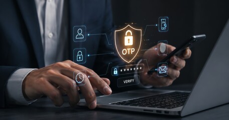 Naklejka premium Online Cybersecurity Protection Concept with Business User Accessing Secure Authentication and OTP Verification Technology