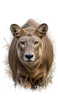 A beautiful portrait of a young wildlife safari lion cub looking up with curious eyes, showing the fierce face of a big cat predator in nature