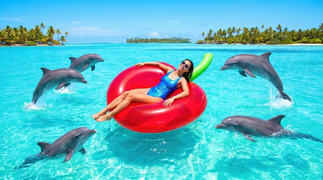 Digital nomad sabbatical with mammals, woman on donut float near dolphins