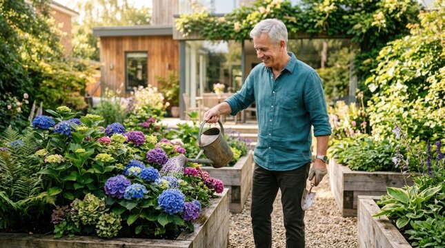 Mature man watering colorful hydrangeas in a beautiful garden with modern house