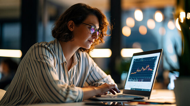 A  data scientist viewed from the side reviews softly bright time series forecasting on a calm laptop in soft daylight time series faceless side view modern office