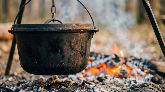 Off grid survivalist bushcraft slow cooking, black pot over campfire in forest