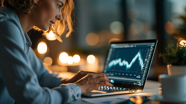A  data scientist viewed from the side reviews softly bright time series forecasting on a calm laptop in soft daylight time series faceless side view modern office