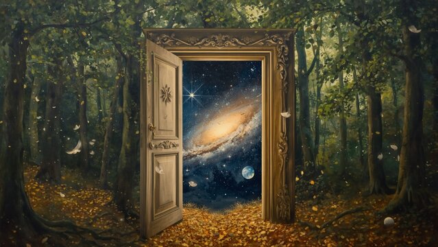 A door standing alone in a forest, opening into outer space