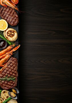 Gourmet Grill Platter: Steak, Shrimp, Seafood and Vegetables on Dark Wood