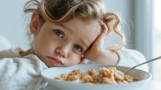 Bored child with a bowl of cereal at breakfast time
