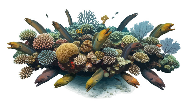 Vibrant coral reef teeming with moray eels and diverse marine life, showcasing underwater biodiversity