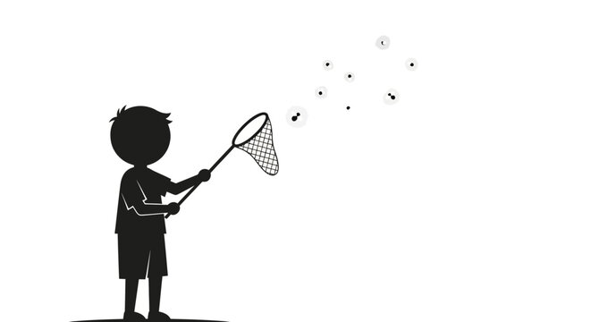 Silhouette of child catching fireflies with net outdoors.