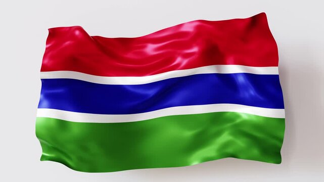 The Gambian flag in a 3D format. The flag flows naturally, showcasing its colors and design in motion. The animation highlights the flag's details over time