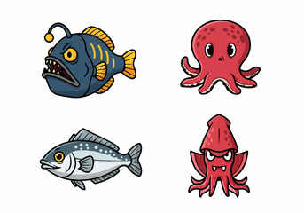 Cartoon sea creatures including anglerfish octopus fish and squid © Ronald