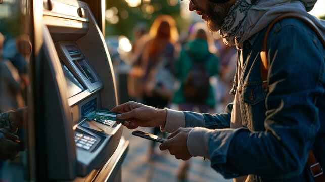 Modern urban street ATM on a daylight sidewalk where a person withdraws cash as pedestrians blur by in the background