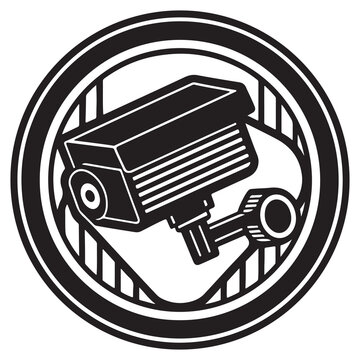 Security camera icon in circle frame with lines  surveillance symbol  monitoring logo