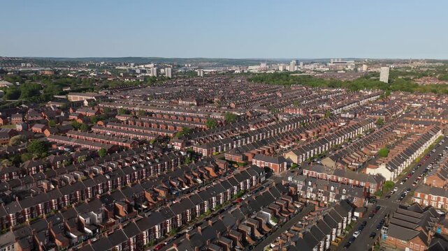 Newcastle upon Tyne UK: 25th May 2026: Drone footage shows terraced houses in Heaton at dawn. Rows of Tyneside flats near Chillingham Road 