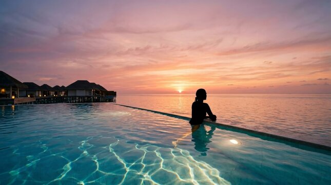 Luxurious Ocean View Infinity Pool at Sunset, Secluded Tropical Resort Retreat