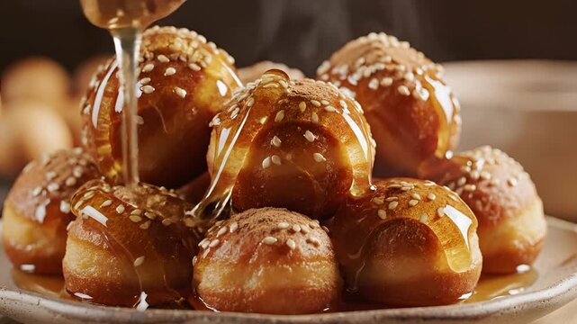 Delicious Loukoumades Greek Doughnuts Drizzled with Honey and Sesame Seeds.