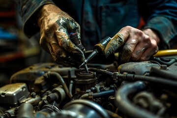 Fototapeta premium close-up mechanic hands repairing car engine