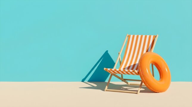 Minimalist summer vacation scene with beach chair and swim ring on sand by a blue wall