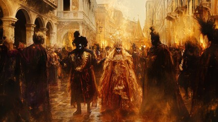 Fototapeta premium Golden Crowd in ancient street burning