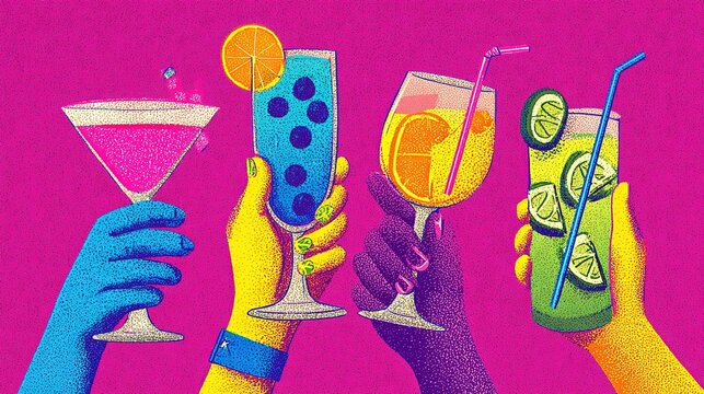 Cartoon illustration on solid magenta background, four stippled monochrome hands with blue cuffs holding assorted colorful cocktails, creative drink design for party and beverage themed projects