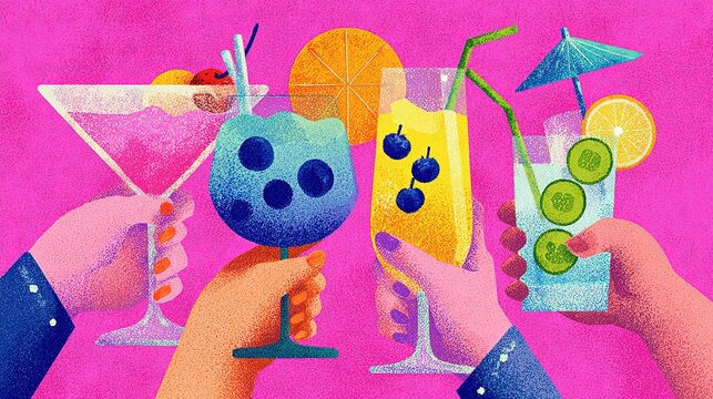 Cartoon illustration on solid magenta background, four stippled monochrome hands with blue cuffs holding assorted colorful cocktails, creative drink design for party and beverage themed projects