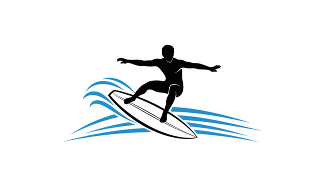 Vector illustration of a professional surfer executing an impressive maneuver on a blue breaking wave, symbolizing freedom, adventure, and the thrilling spirit of surfing culture