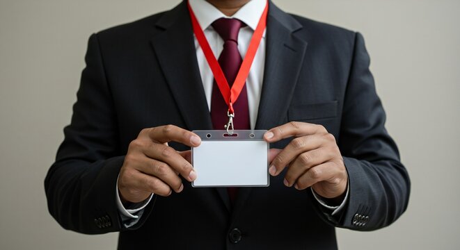 Businessman holding an empty ID badge on a red lanyard, professional identity access card
