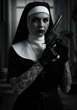 Tattooed Nun Holding Revolver, Gothic Style, Black and White Portrait