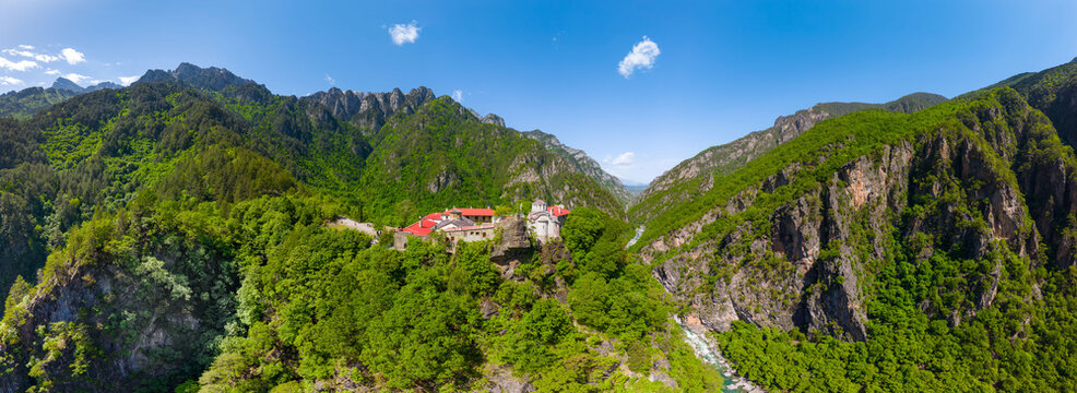 Monsastery stomiou panoramic drone view, Konitsa Greece