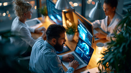 A AI startup team viewed from above develops softly bright software in a calm modern office analyzing system performance during QA testing in soft daylight startup