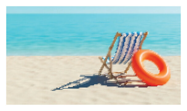 Beach scene with deck chair and life buoy on sand by calm turquoise ocean.