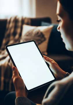 Woman Holding Tablet Computer Screen Blank Mockup in Living Room