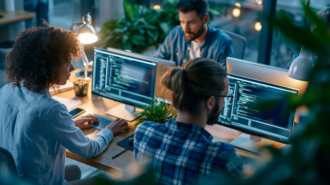 A  AI startup team viewed from above develops softly bright software in a calm modern office analyzing system performance during QA testing in soft daylight startup