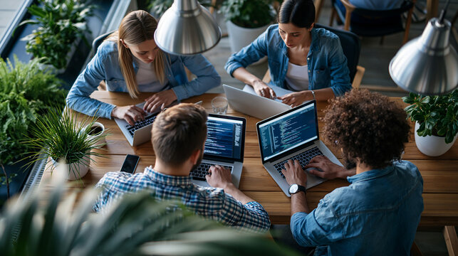 A  AI startup team viewed from above develops softly bright software in a calm modern office analyzing system performance during QA testing in soft daylight startup