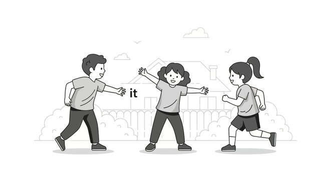 Children playing and passing a bubble wand outdoors.