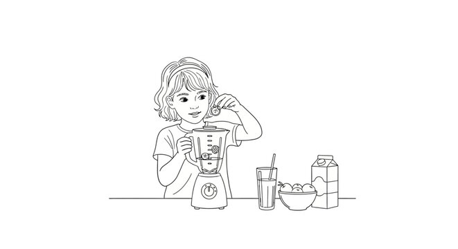 Young girl happily drinking from a glass with a straw at home.